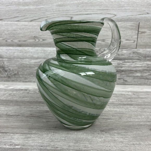 Green & White Pitcher Heavy Glass French Opalescent Swirl Optic